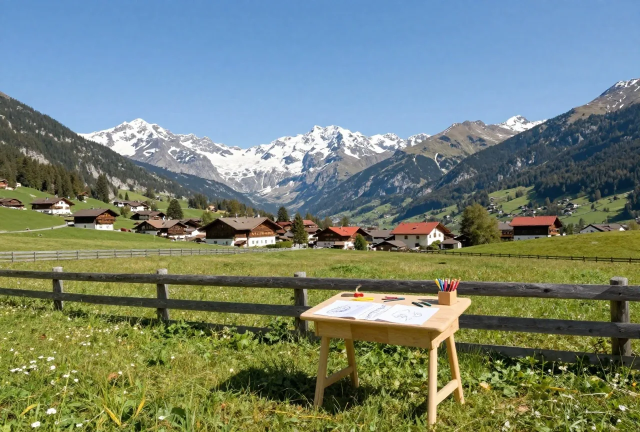 Sonnige Almwiese mit Holzzaun, verschneiten Bergen in der Ferne und einem Dorf mit roten Dächern im Tal