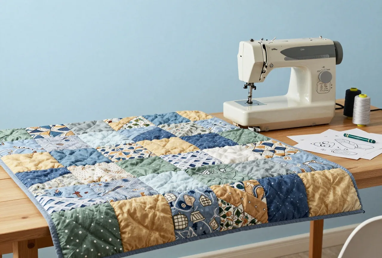 Handgenähte Patchworkdecke in gedeckten Farben auf einem Holztisch neben einer alten Nähmaschine und Garnrollen