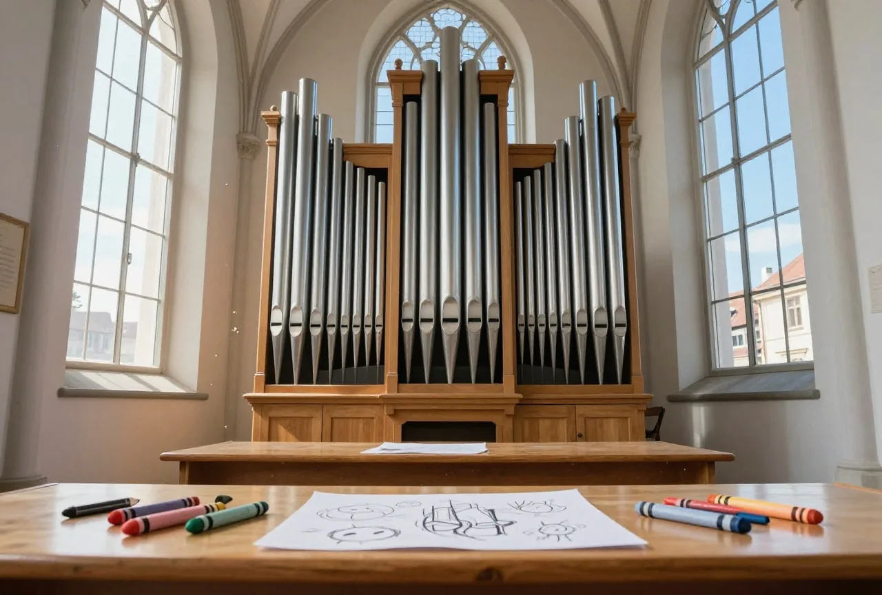 Pfeifen einer alten Orgel in einem stillen Kirchenschiff, warmes Licht fällt durch hohe Fenster