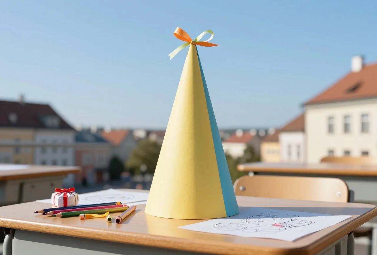 Große bunte Papiertüte mit Schleife auf einem hölzernen Schultisch neben Buntstiften und einer kleinen Süßigkeit