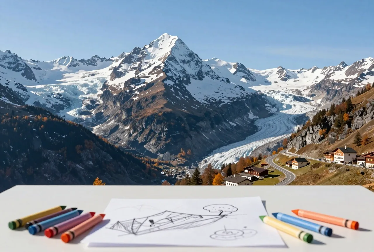 Hochalpine Landschaft mit dunklem verschneitem Felsgipfel, Gletscher und einer kurvigen Bergstraße im Tal