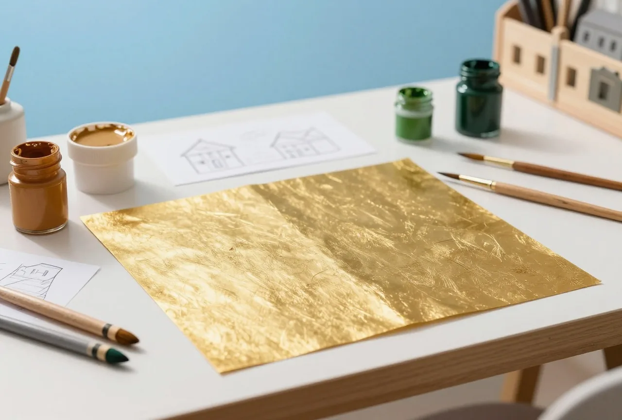 Maltisch mit dünnen Blattgoldbögen, feinen Pinseln und Töpfen mit Ölfarbe in Ocker und Dunkelgrün
