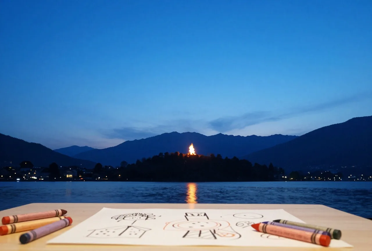 Kleine Feuer leuchten in der Abenddämmerung auf fernen Hügeln über einem ruhigen See vor Bergsilhouetten