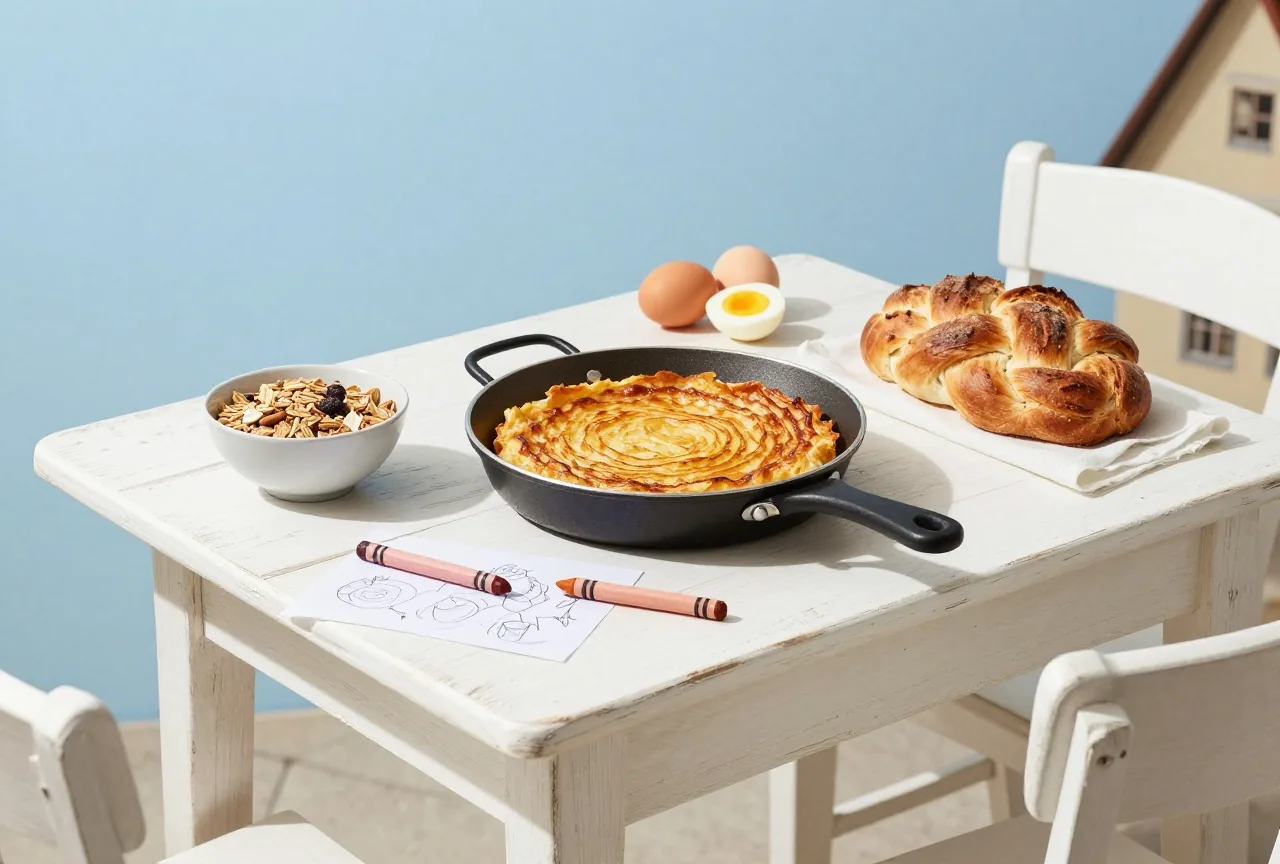 Bauernhof-Frühstückstisch im Freien mit goldener Rösti, Müsli, gekochten Eiern und einem Hefezopf in der Morgensonne