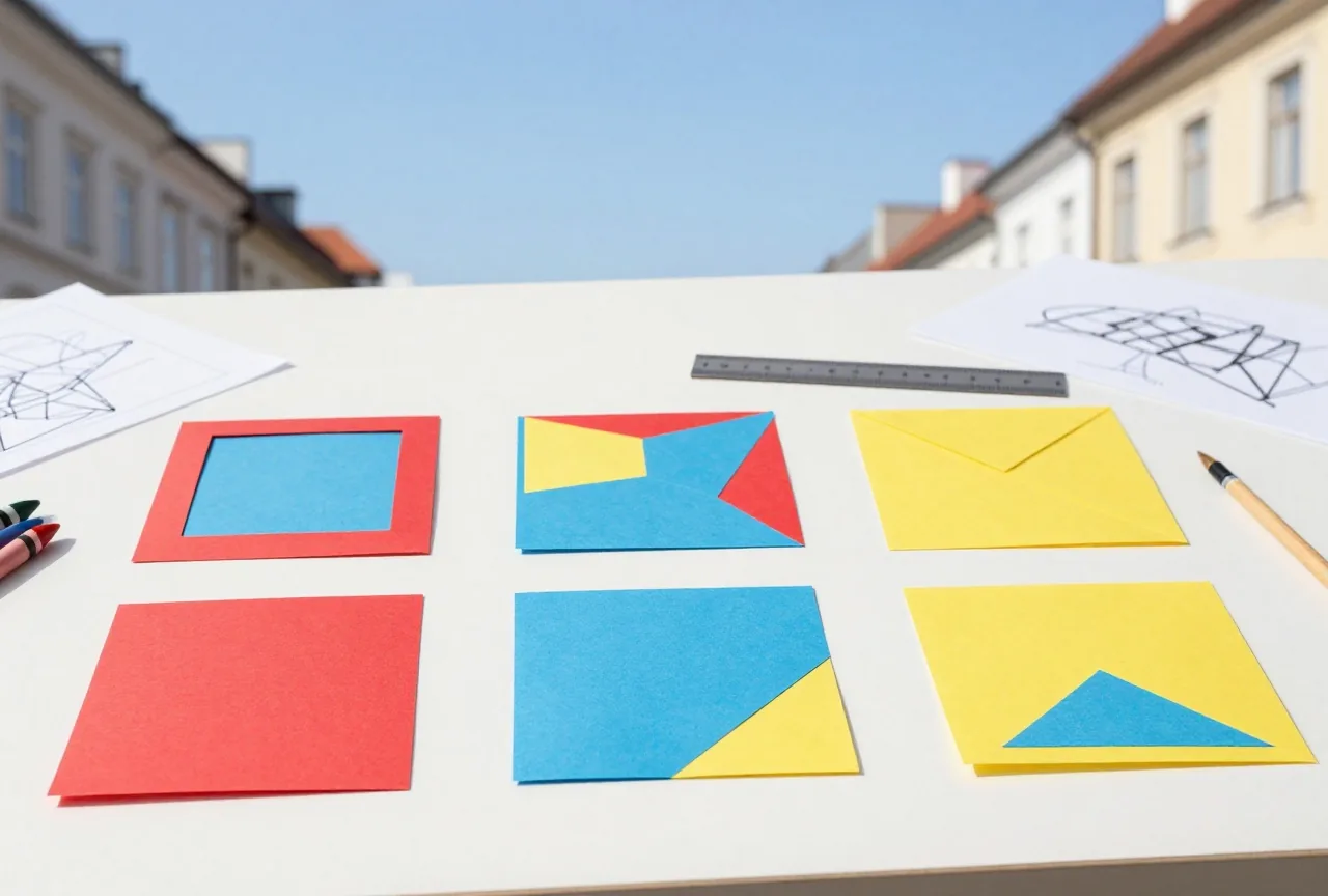 Künstlertisch mit geometrischen Papierformen in Rot, Blau und Gelb im Raster, daneben Lineal und Pinsel