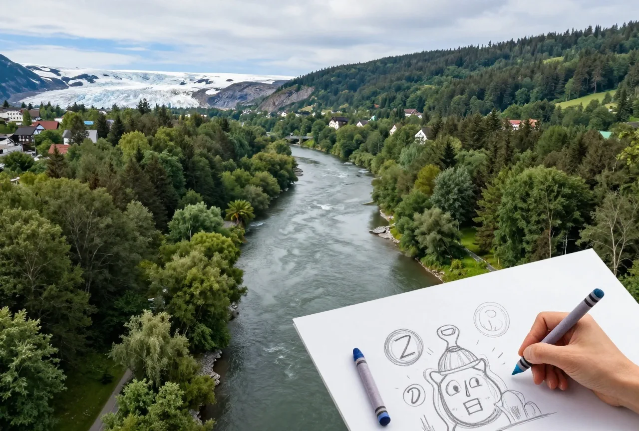 Luftaufnahme eines gewundenen Flusses durch dichten grünen Wald am Rand eines Gletschers