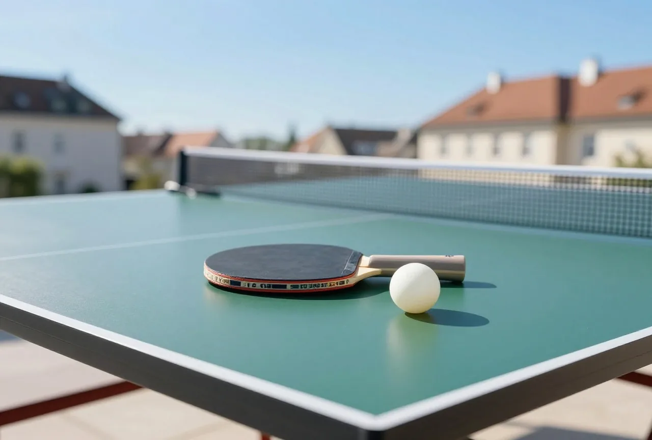 Tischtennisschläger und kleiner weißer Ball auf einer grünen Platte in einer hellen Sporthalle