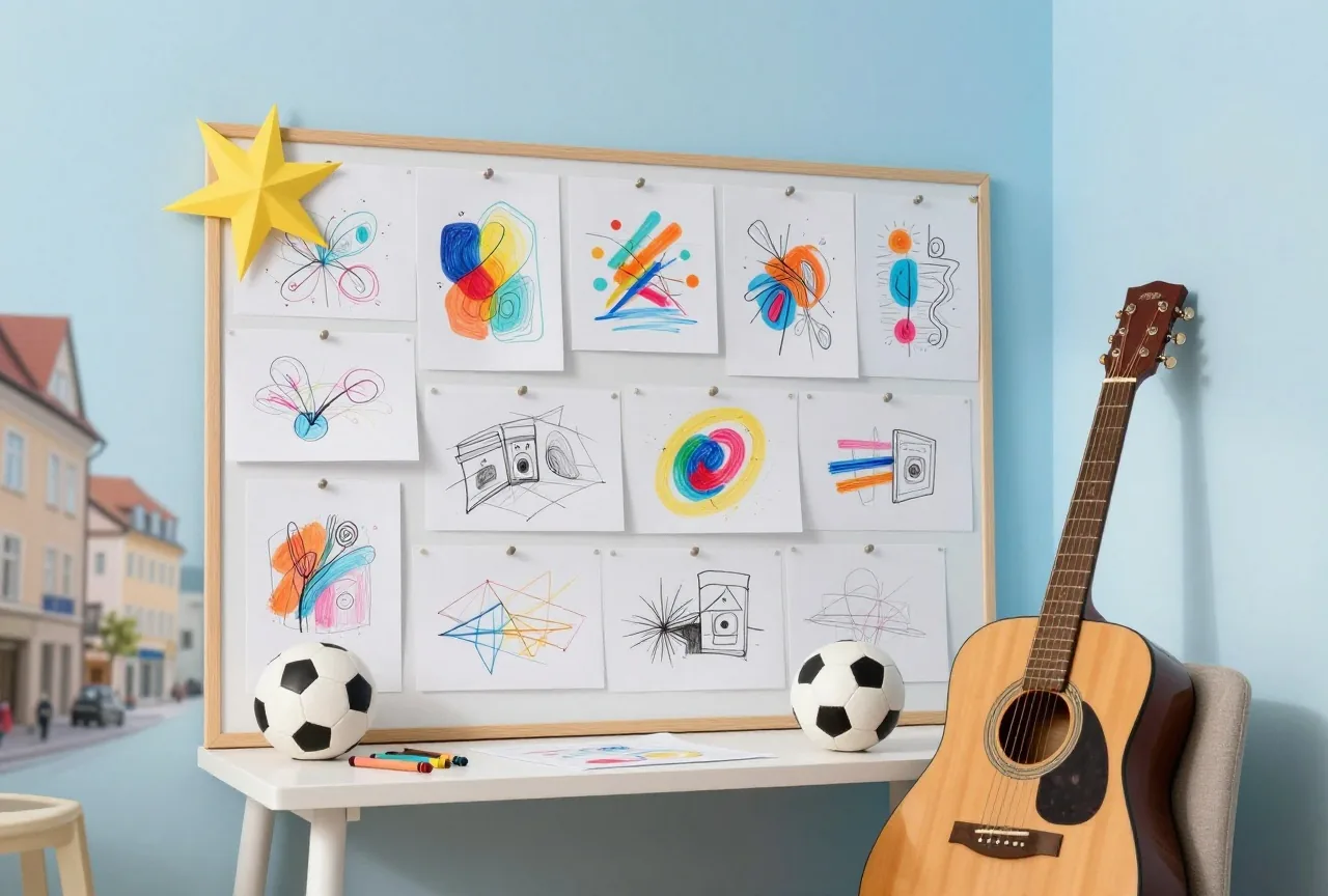 Gemütliche Ecke mit Pinnwand voller bunter Skizzen, einem Papierstern, kleinem Fußball und einer Gitarre am Stuhl
