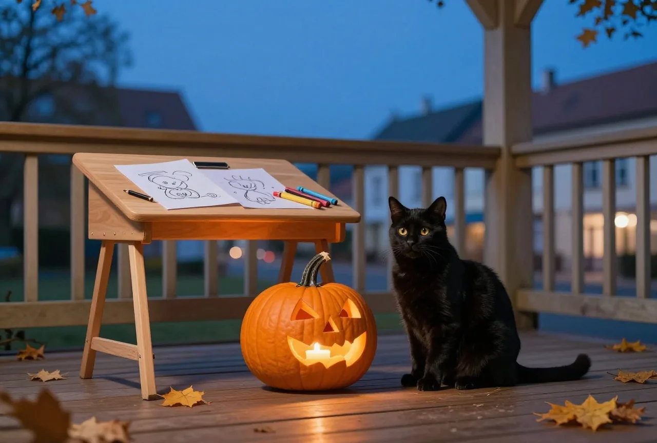 Schwarze Katze neben einem geschnitzten Kürbis mit Kerze auf einer Holzveranda bei Nacht, Herbstlaub am Boden