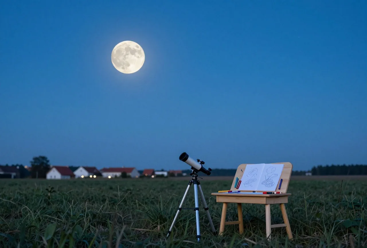 Vollmond über einem stillen Feld bei Nacht, im Vordergrund ein kleines Teleskop auf einem Stativ
