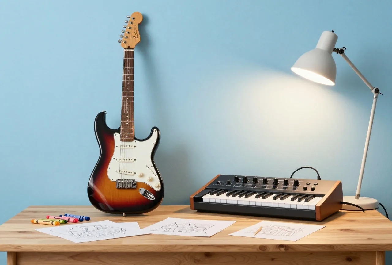 Elektrische Gitarre und kleiner alter Synthesizer mit Reglern und Kabeln auf einem Holztisch in einem gemütlichen Heimstudio