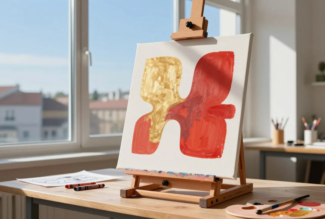 Staffelei mit unfertigem abstraktem Gemälde in Rot und Gold, daneben Palette und Pinsel im Sonnenlicht
