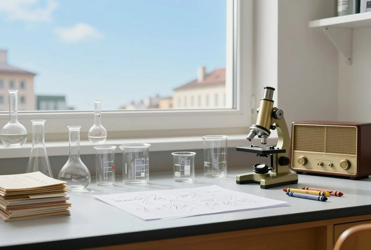 Alter Labortisch mit Glaskolben, Bechergläsern und Messingmikroskop neben Lochkarten und einem alten Radio