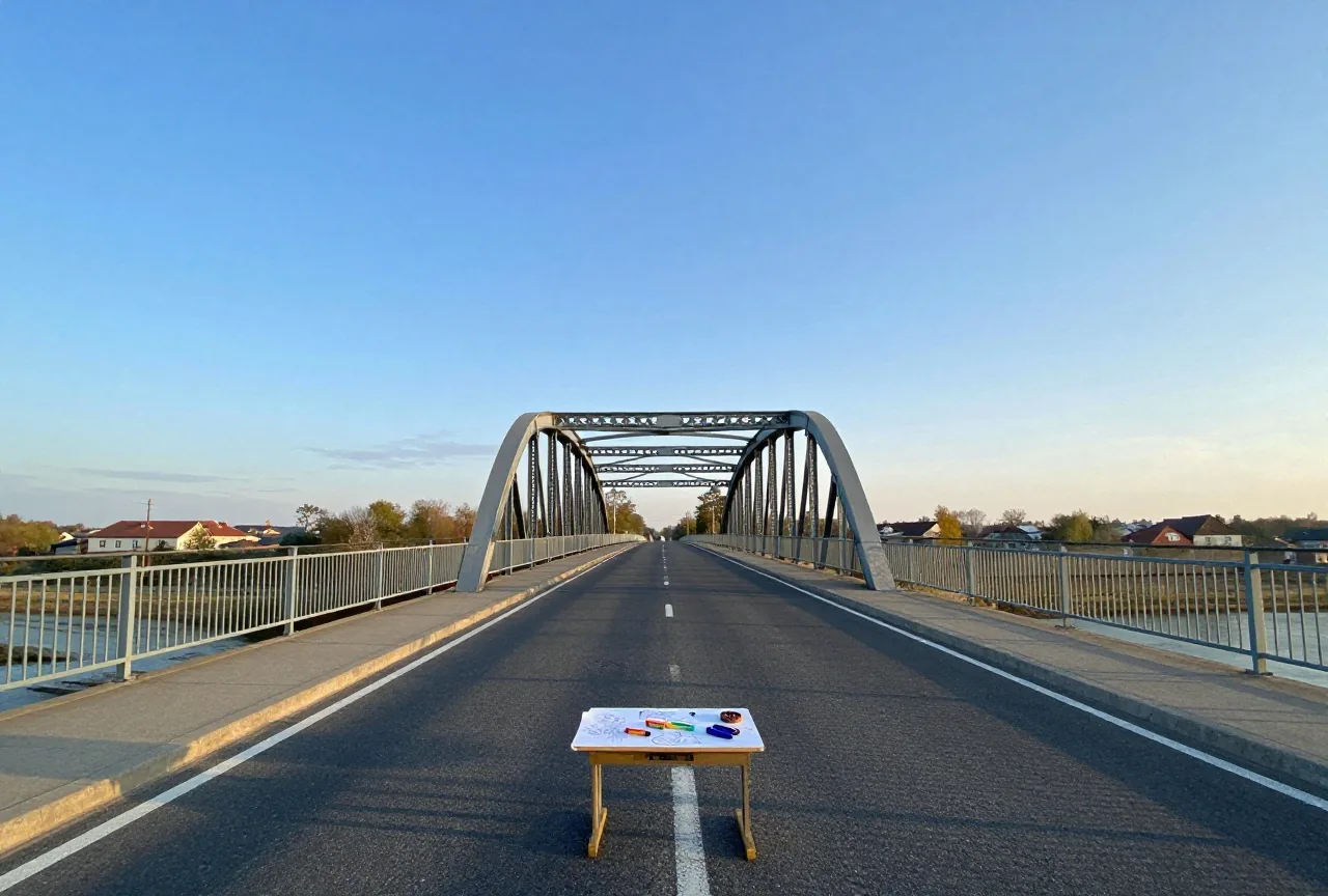 Lange leere Landstraße, die zu einer Stahlbogenbrücke unter weitem blauem Himmel führt, frühes Morgenlicht