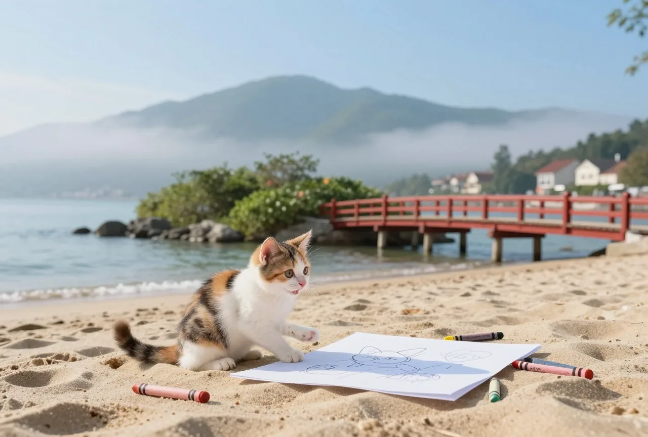 Kleine dreifarbige Katze am Sandstrand einer grünen Insel, dahinter eine rote Holzbrücke und neblige Berge
