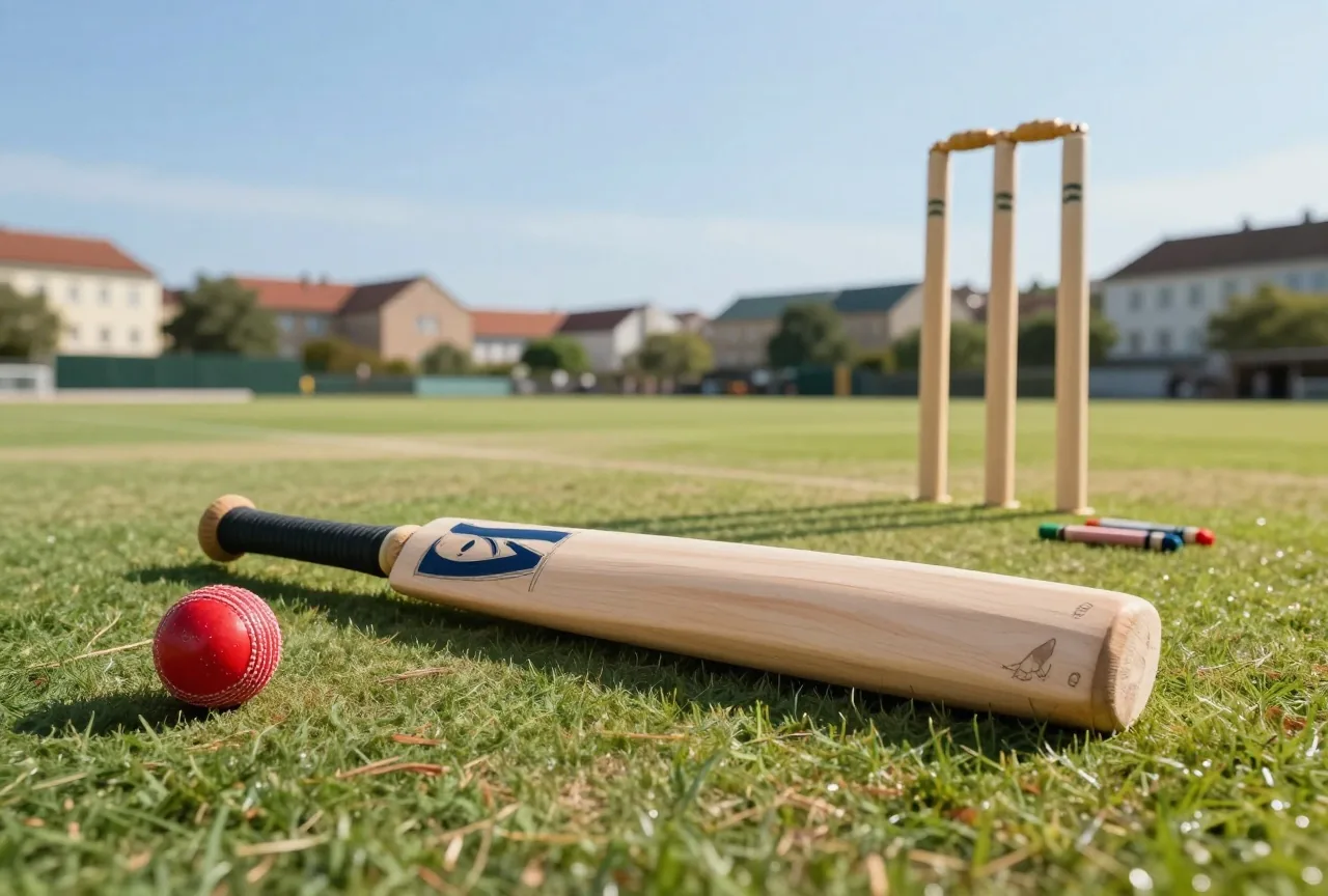 Hölzerner Cricketschläger und roter Lederball auf grünem Rasen neben drei Holzstäben im späten Nachmittagslicht