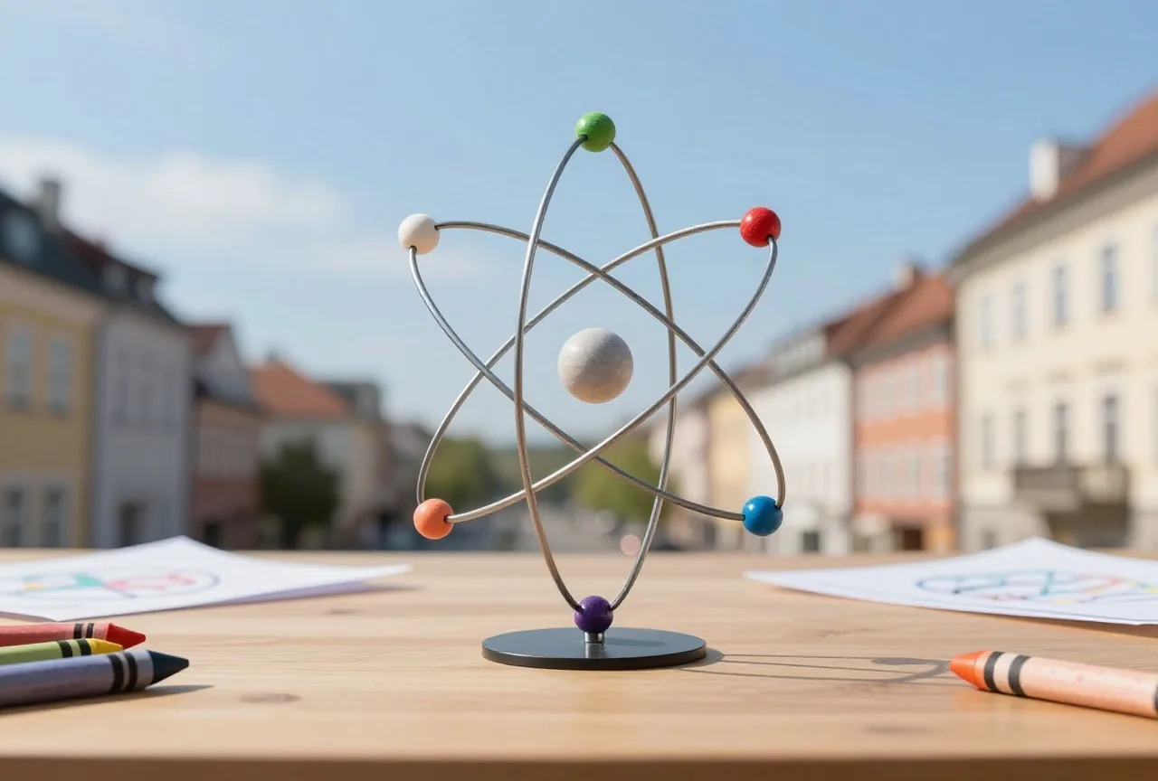 Einfaches Atommodell aus Draht mit bunten Perlen auf kreisförmigen Bahnen auf einem Holztisch