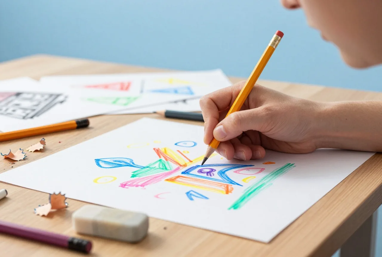 Nahaufnahme einer Hand, die mit Bleistift bunte abstrakte Formen auf Papier zeichnet, daneben Radierkrümel
