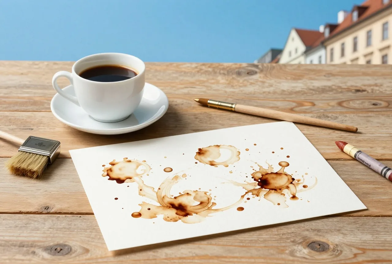 Kaffeetasse, Pinsel und Aquarellpapier mit braunen Kaffeeflecken in geschwungenen Formen auf einem Holztisch