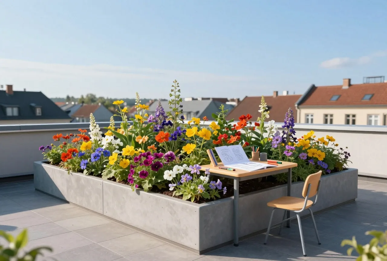 Hochbeet voller bunter Blumen auf einer sonnigen Dachterrasse, von oben gesehen im Morgenlicht