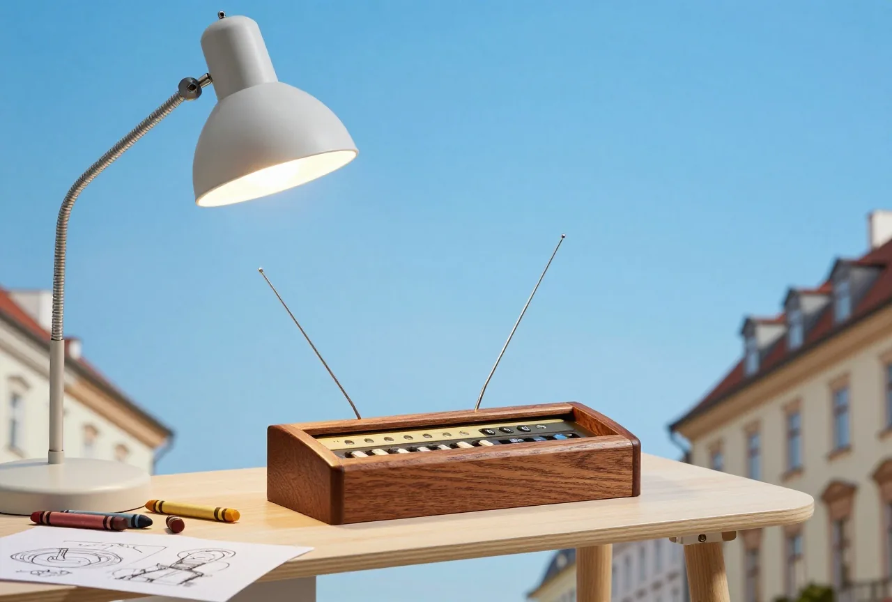 Altes Instrument aus Holz mit zwei dünnen Metallantennen auf einem Tisch im gedämpften Licht einer Lampe