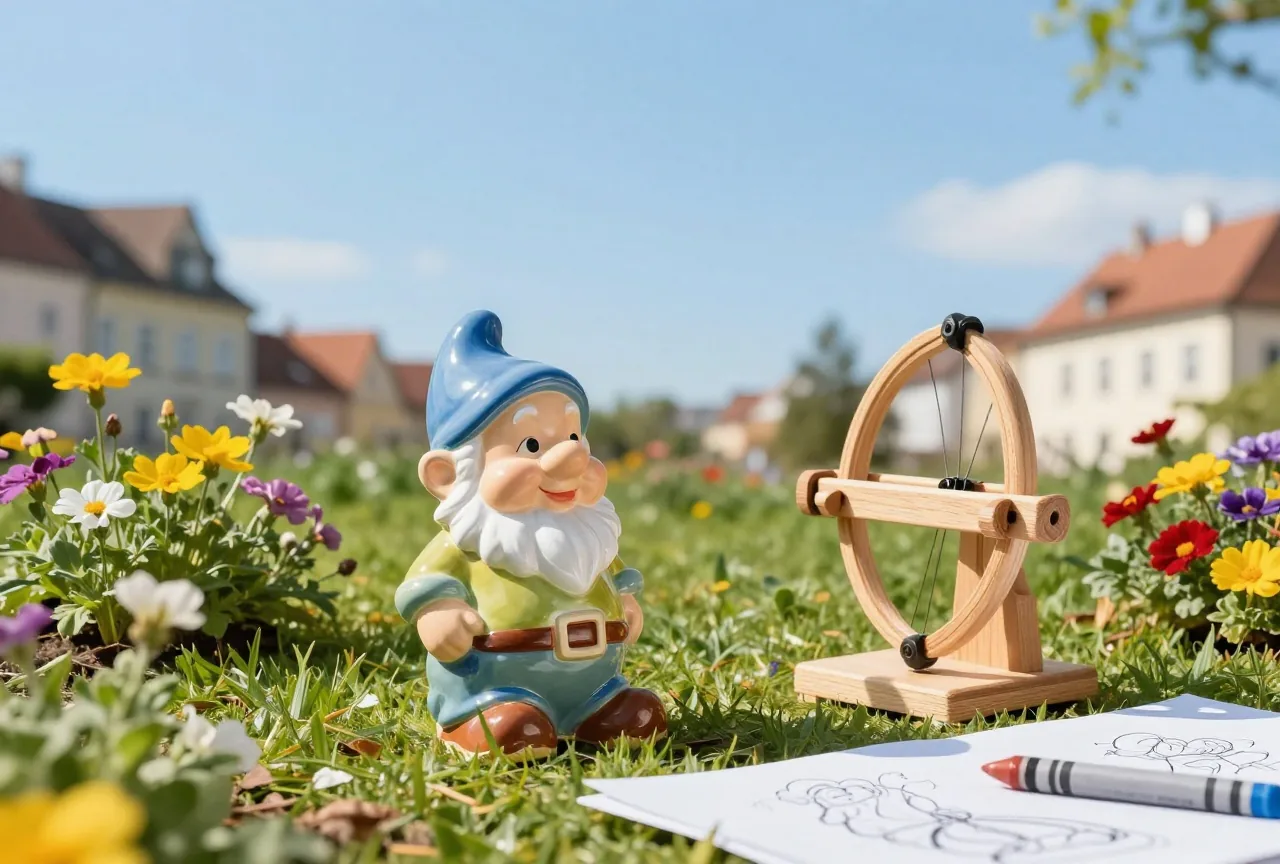 Bunter Gartenzwerg aus Keramik zwischen blühenden Blumen im Garten, daneben ein kleines Holzkatapult