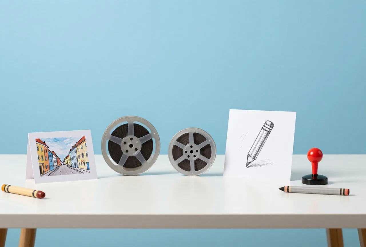 Daumenkino aus Papier, alte Filmrolle, Bleistiftskizze und kleiner Joystick nebeneinander auf einem weißen Tisch