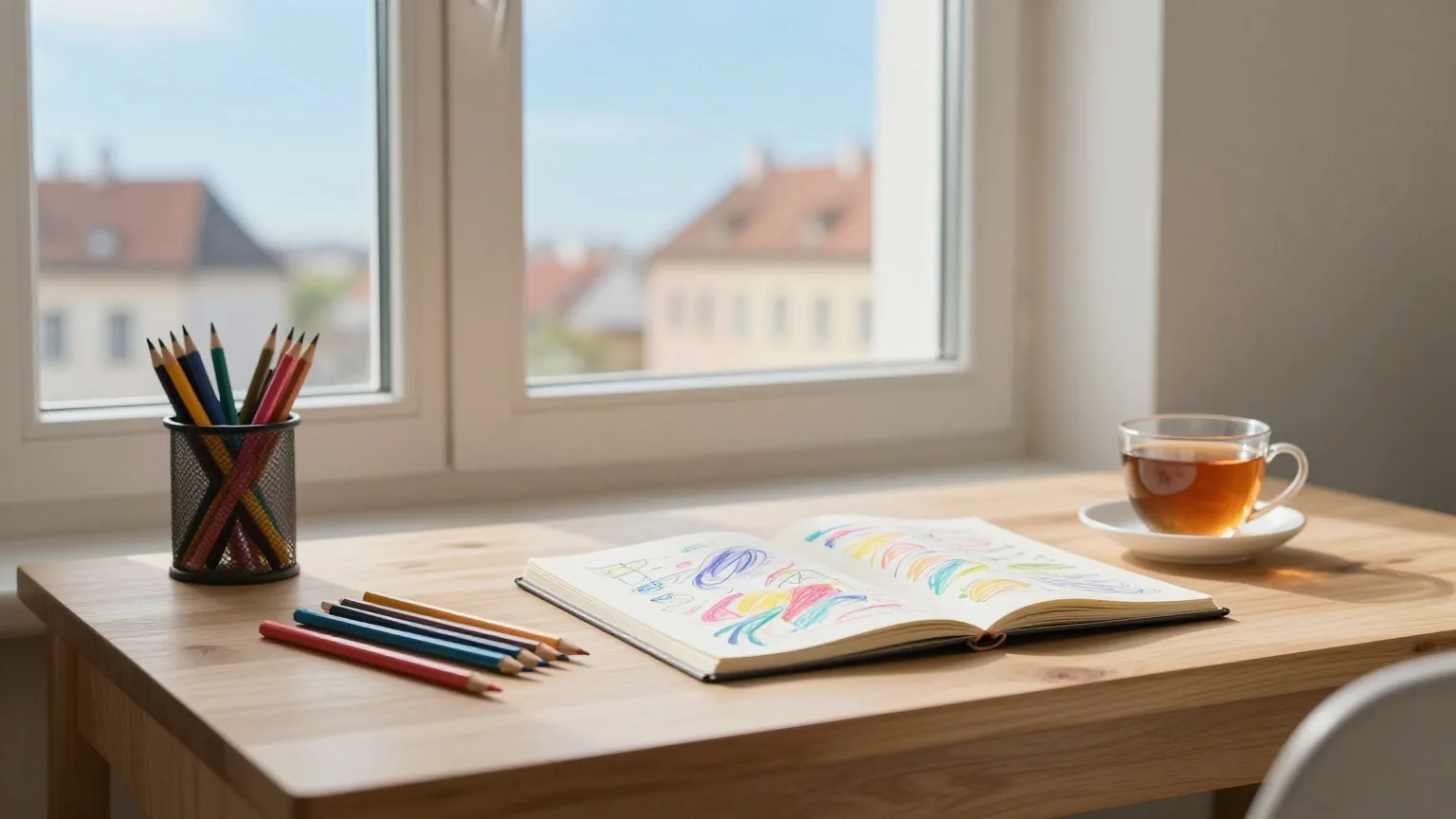 Holzschreibtisch am Fenster mit Buntstiften, einem Skizzenbuch voller bunter Kritzeleien und einer Tasse Tee