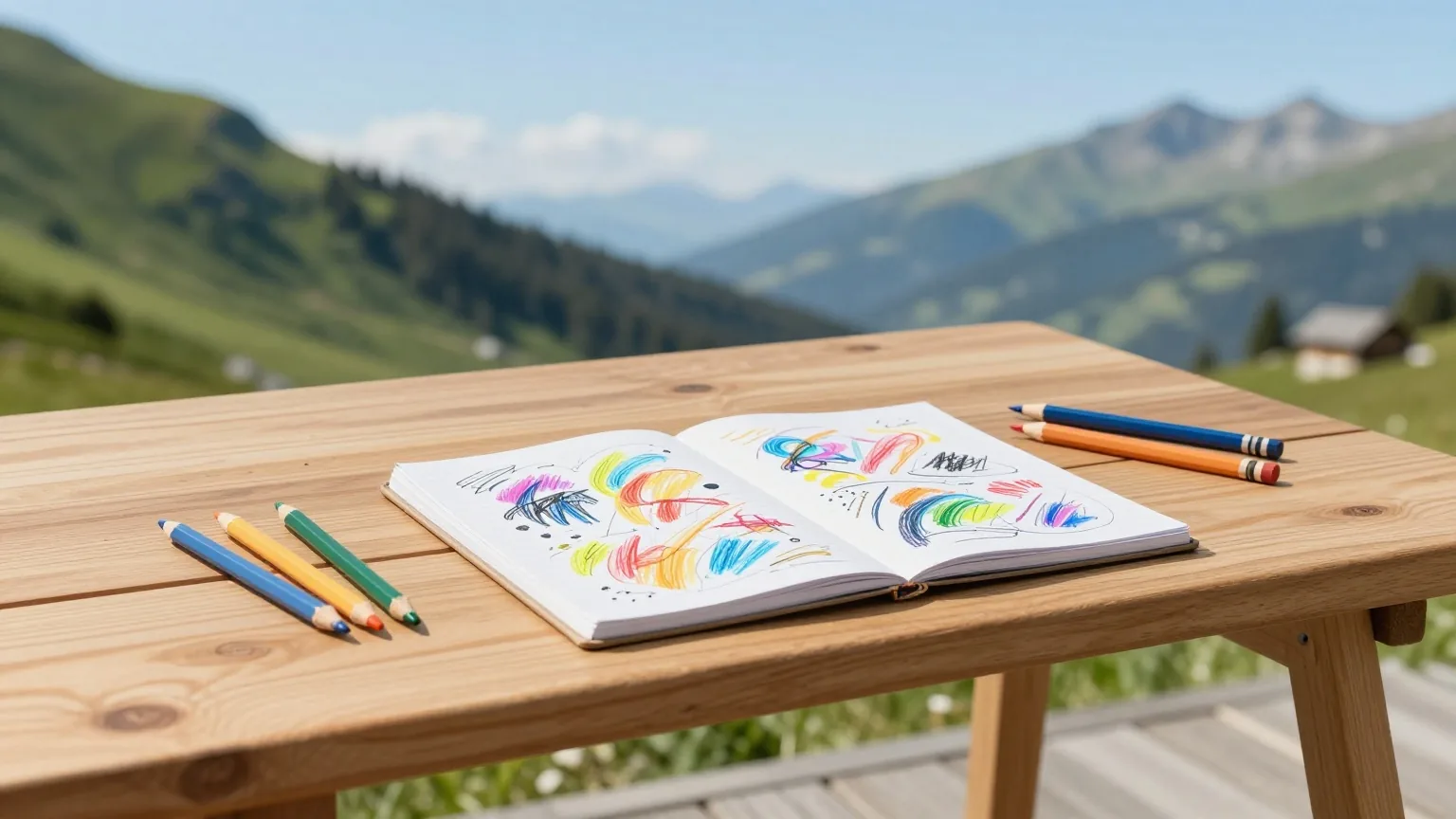 Holztisch auf einer Bergterrasse mit Buntstiften und Skizzenbuch voller bunter Kritzeleien vor grünen Almhängen