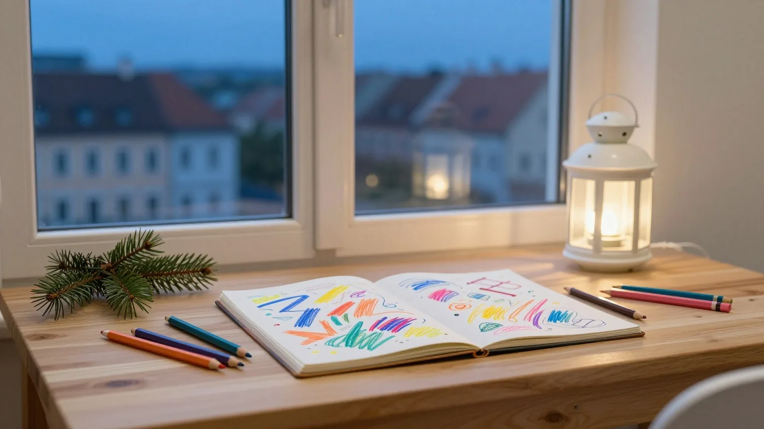 Holztisch am Fenster in der Dämmerung mit Skizzenbuch, Buntstiften, kleiner Papierlaterne und einem Tannenzweig