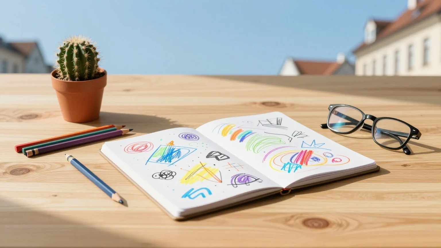 Sonniger Holztisch mit Skizzenbuch voller bunter Kritzeleien, Buntstiften, kleinem Kaktus und einer Lesebrille