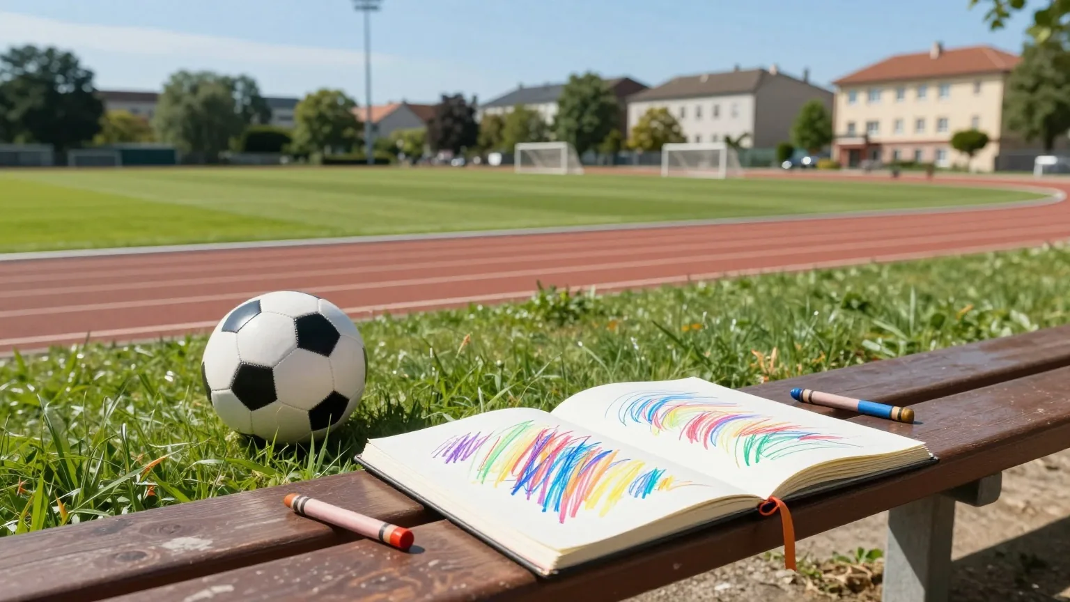 Sonniger Sportplatz mit Laufbahn, einem Fußball auf grünem Rasen und einem Skizzenbuch mit bunten Kritzeleien auf einer Bank
