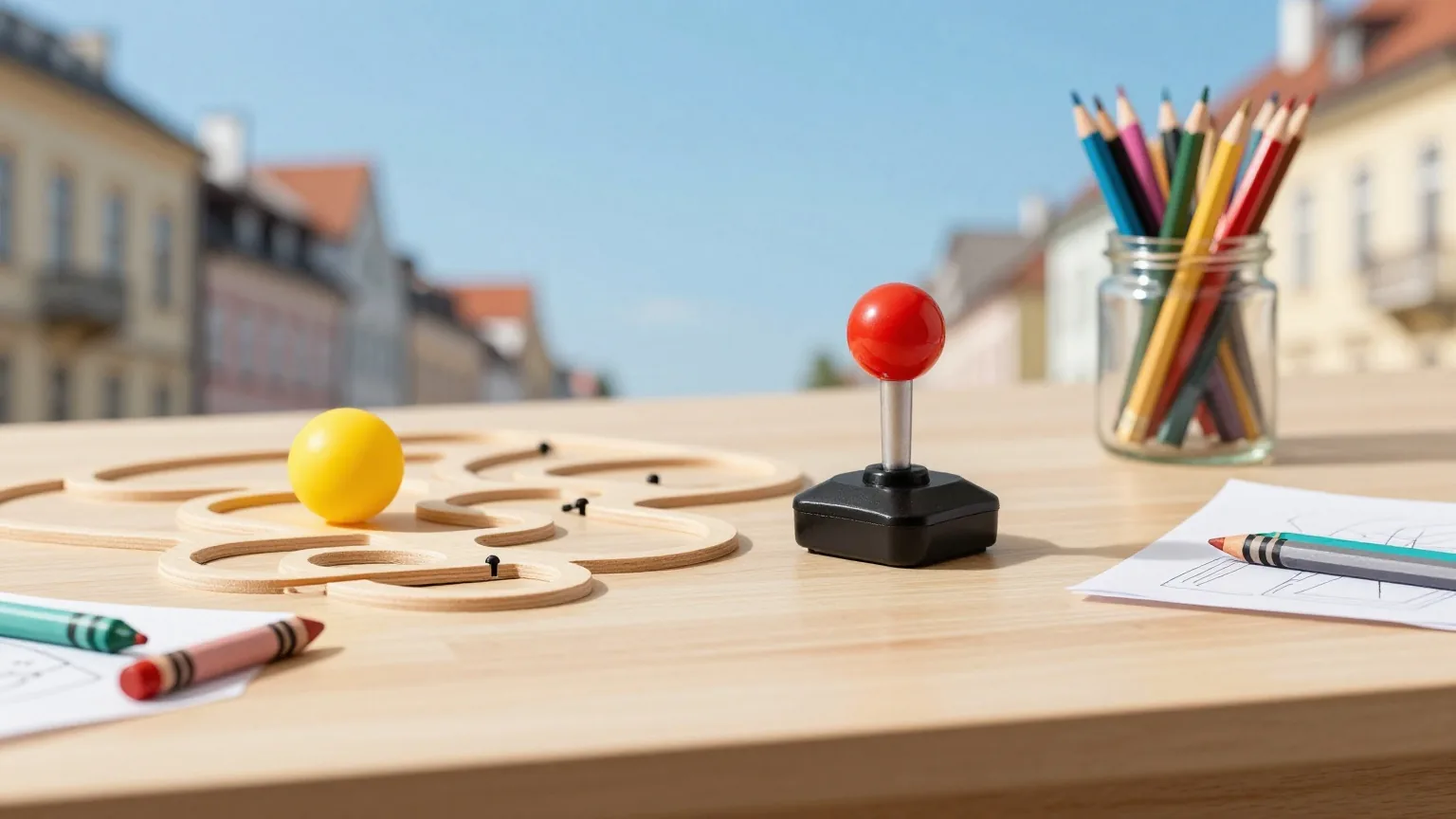 Schreibtisch mit kleinem alten Joystick, Holzlabyrinth mit gelber Kugel und einem Glas Buntstifte